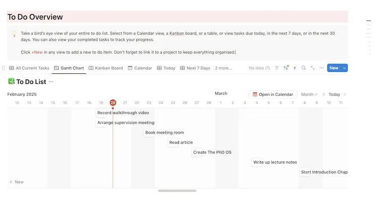 Image showing a Gantt hart, which is part of the PhD Writing Notion Template