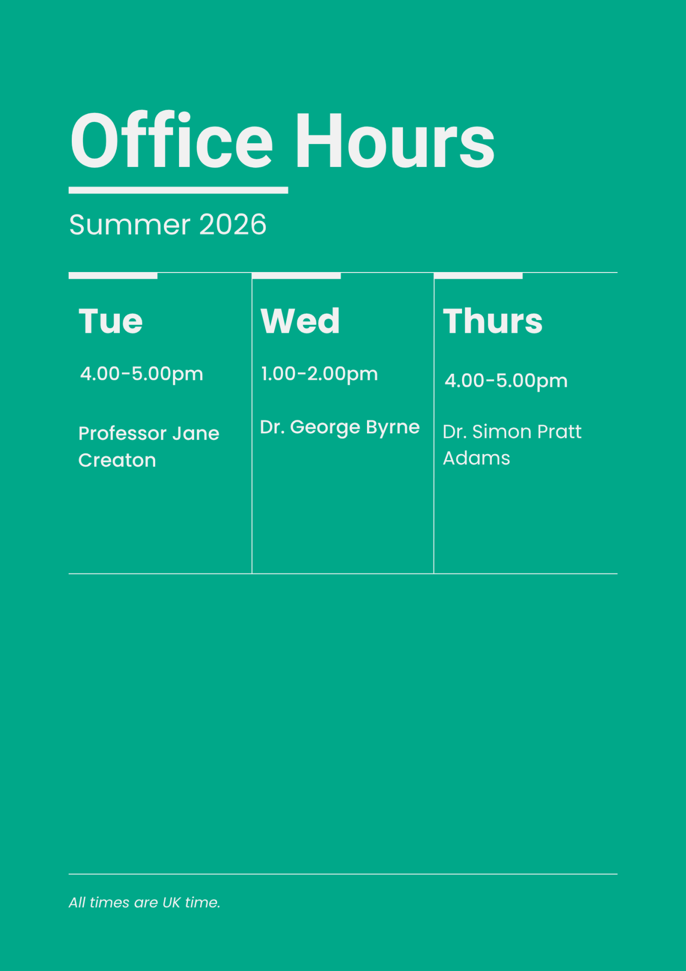 Office Hours Summer 2026 schedule: Tue 4–5pm Professor Jane Creaton; Wed 1–2pm Dr. George Byrne; Thu 4–5pm Dr. Simon Pratt Adams (UK time).