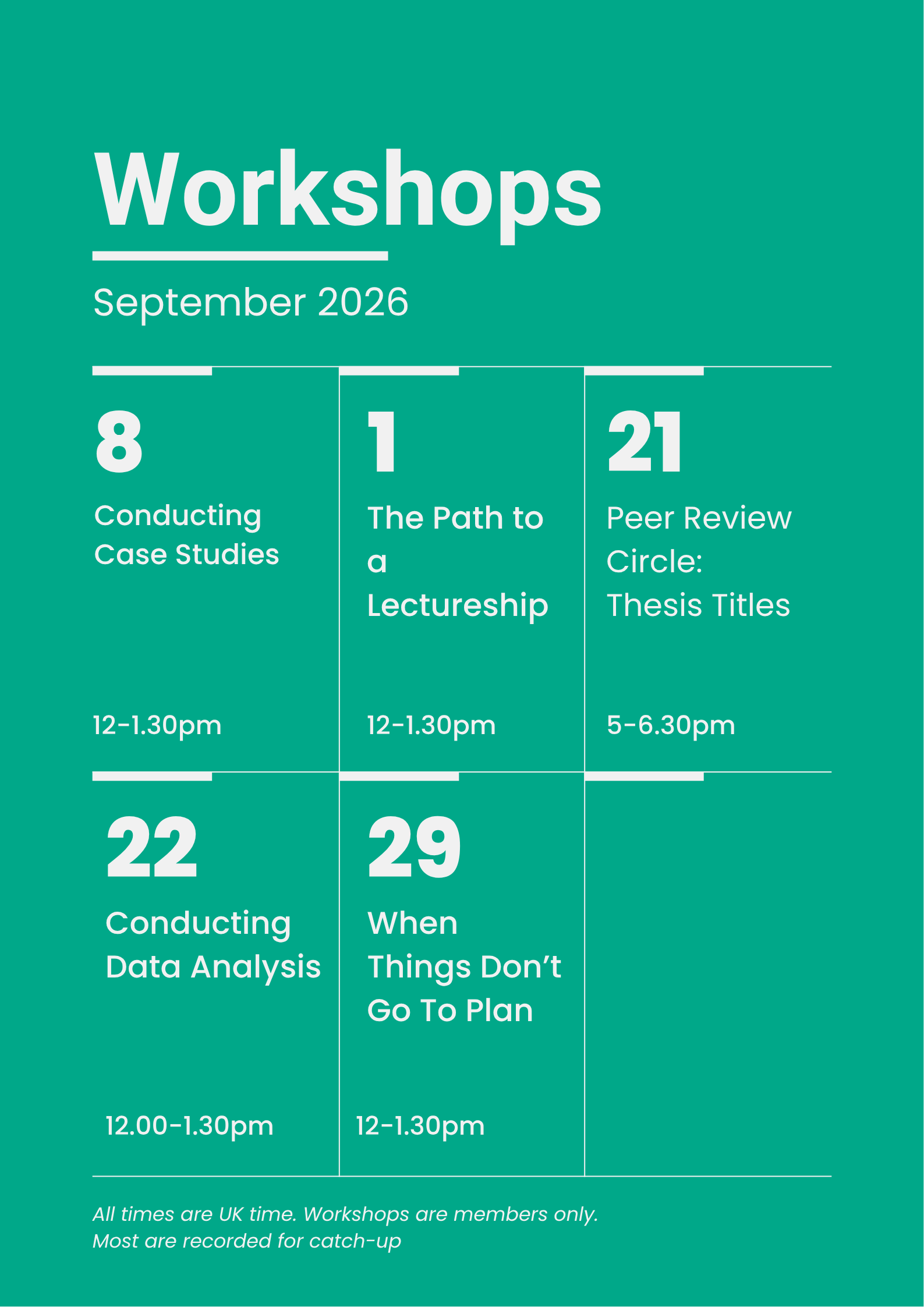 Calendar-style poster for August 2026 Workshops showing three sessions per day with topics and times on a teal background.